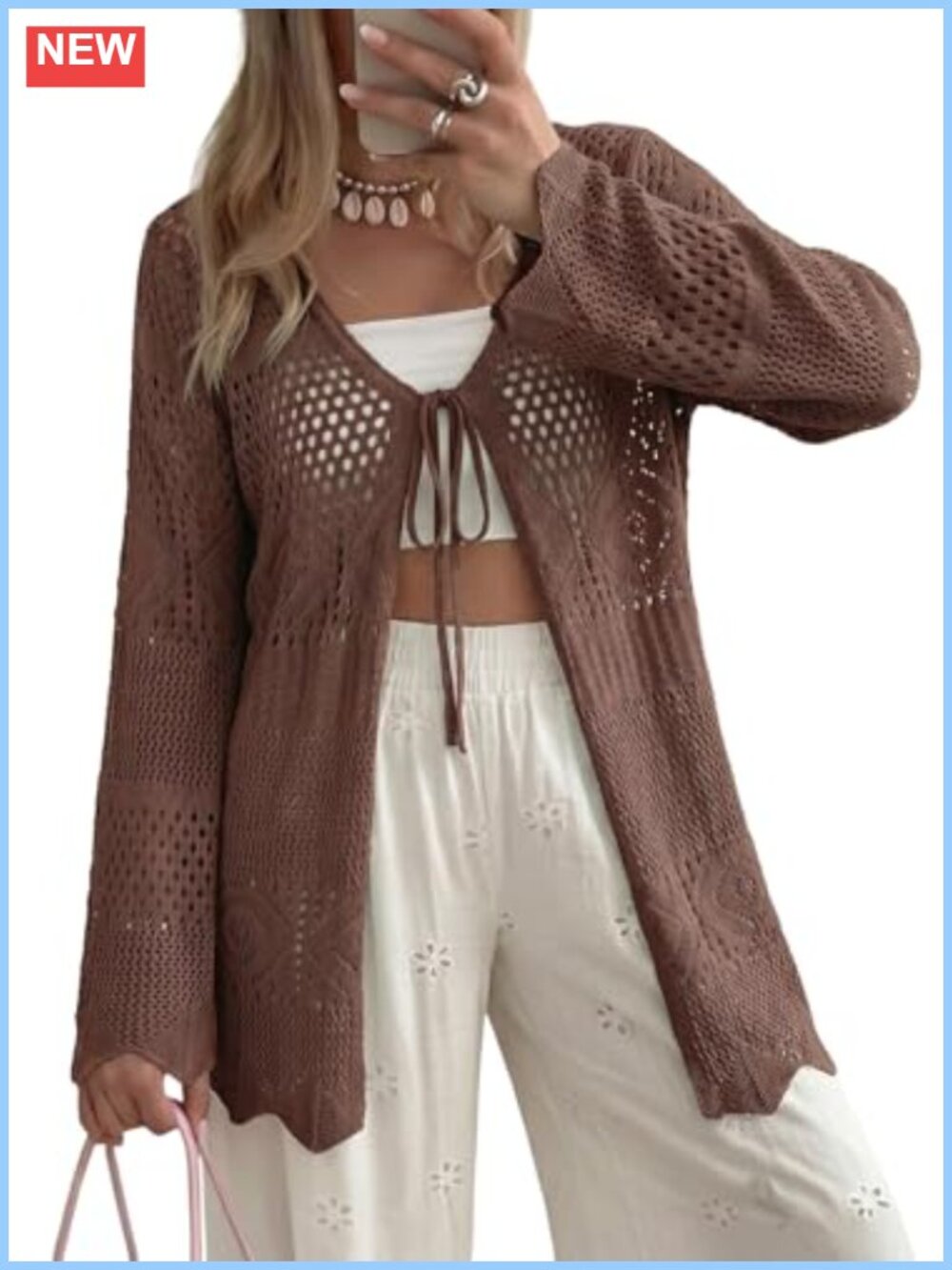 Women Crochet Cardigan Long Sleeve Tie Front Boho Lightweight Summer Cover Up